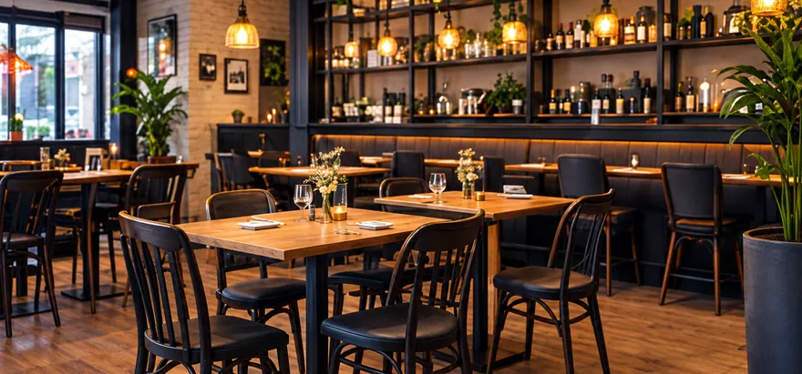 Salón de un restaurante con mesas de madera y luz cálida